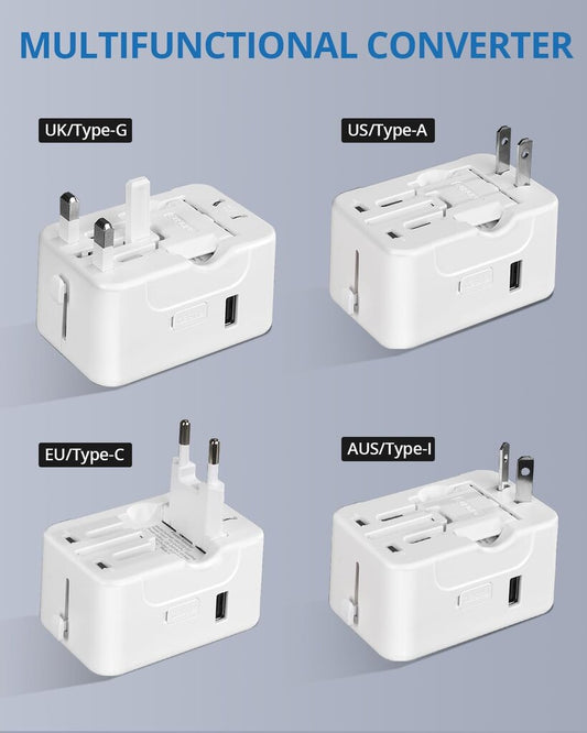 Kelioninis, universalus adapteris, tinkantis visam pasauliui, baltas