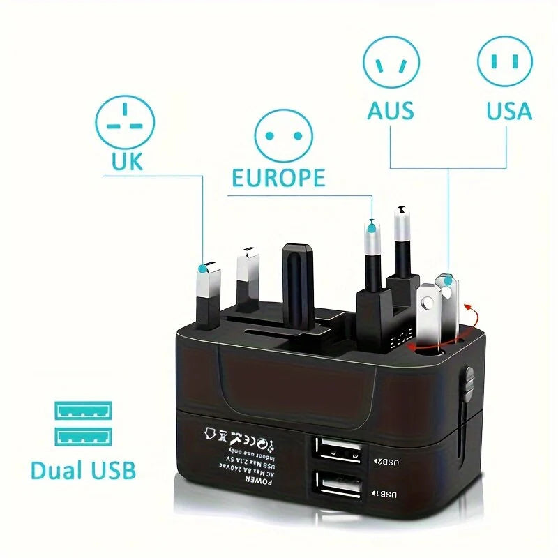 Kelioninis adapteris, universalus kištukas, juodas
