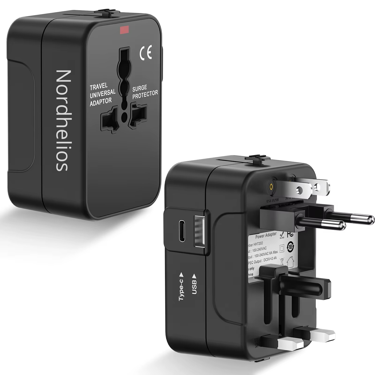 Kelioninis adapteris, universalus kištukas, tinkantis visam pasauliui, su type-c, juodas, Nordhelios