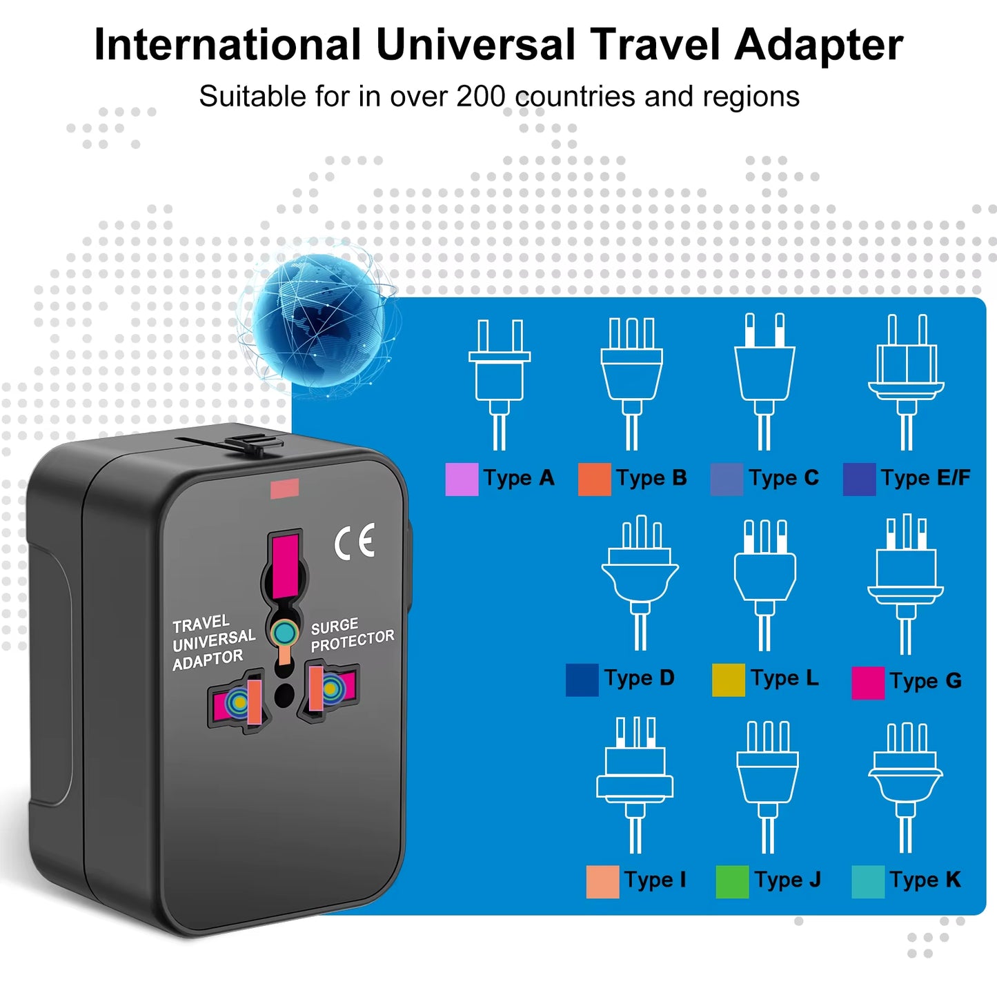 Kelioninis adapteris, universalus kištukas, tinkantis visam pasauliui, su type-c, juodas, Nordhelios