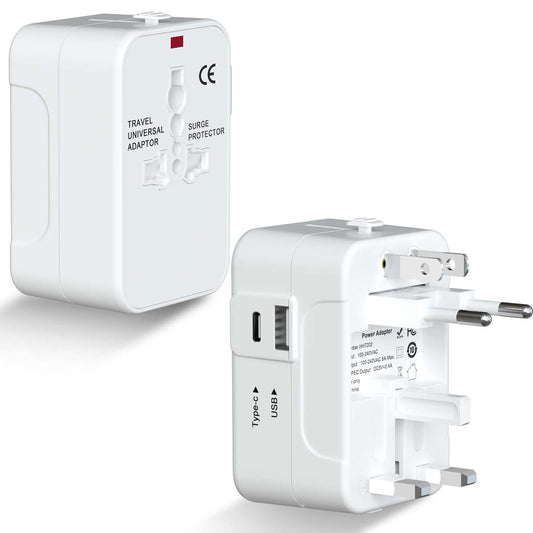 Kelioninis, universalus adapteris, tinkantis visam pasauliui, baltas