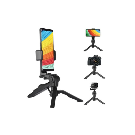 Trikojis stovas/laikiklis telefonui "tripo" su plastikinėmis nelankstomomis kojomis ir dirželiu laikymui, juodas