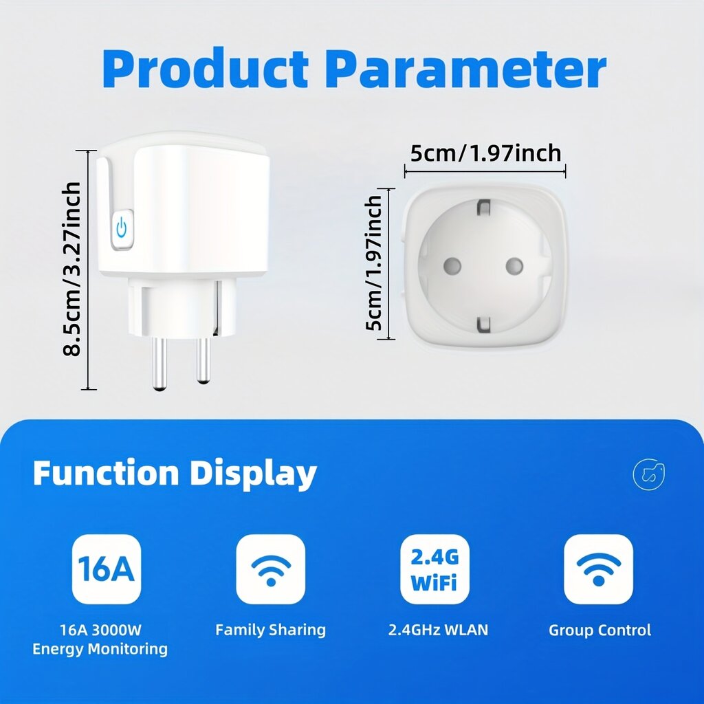 Tuya išmanus rozetės kištukas, baltas, valdomas programėle, balsu, veikia su Google assistant, amazon alexa balso kontrole