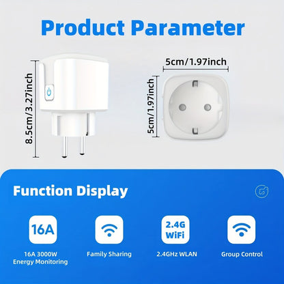 Tuya išmanus rozetės kištukas, baltas, valdomas programėle, balsu, veikia su Google assistant, amazon alexa balso kontrole