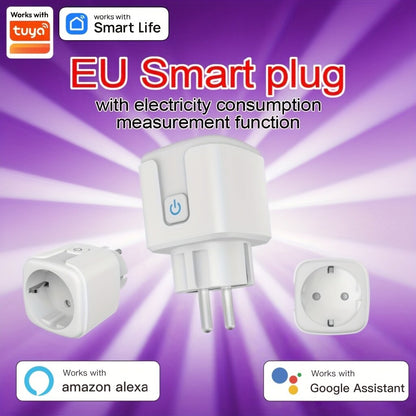 Tuya išmanus rozetės kištukas, baltas, valdomas programėle, balsu, veikia su Google assistant, amazon alexa balso kontrole