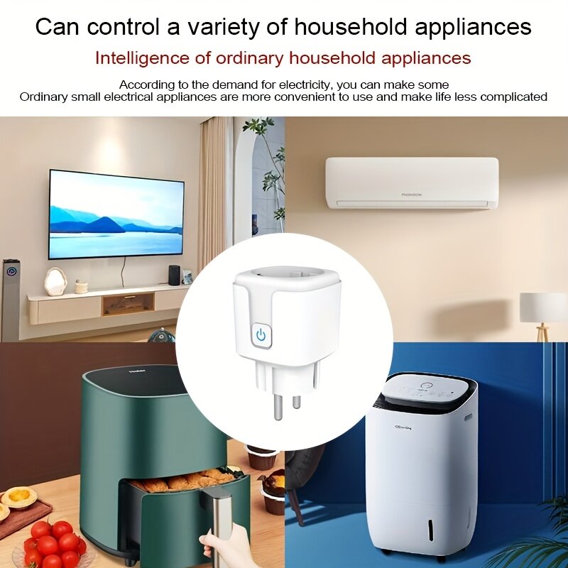 Tuya išmanus rozetės kištukas, baltas, valdomas programėle, balsu, veikia su Google assistant, amazon alexa balso kontrole