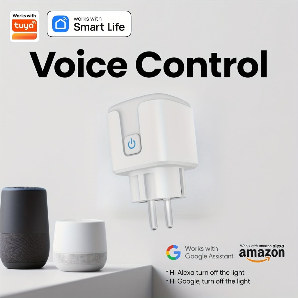 Tuya išmanus rozetės kištukas, baltas, valdomas programėle, balsu, veikia su Google assistant, amazon alexa balso kontrole