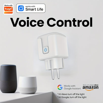 Tuya išmanus rozetės kištukas, baltas, valdomas programėle, balsu, veikia su Google assistant, amazon alexa balso kontrole